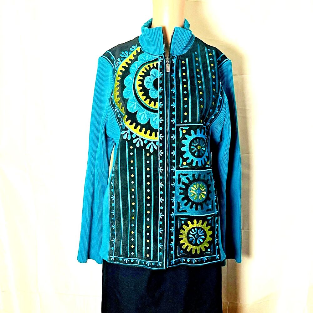 Bob Mackie Wearable Art Jacket Womens M Embroidered Suede Leather Lined Zip
